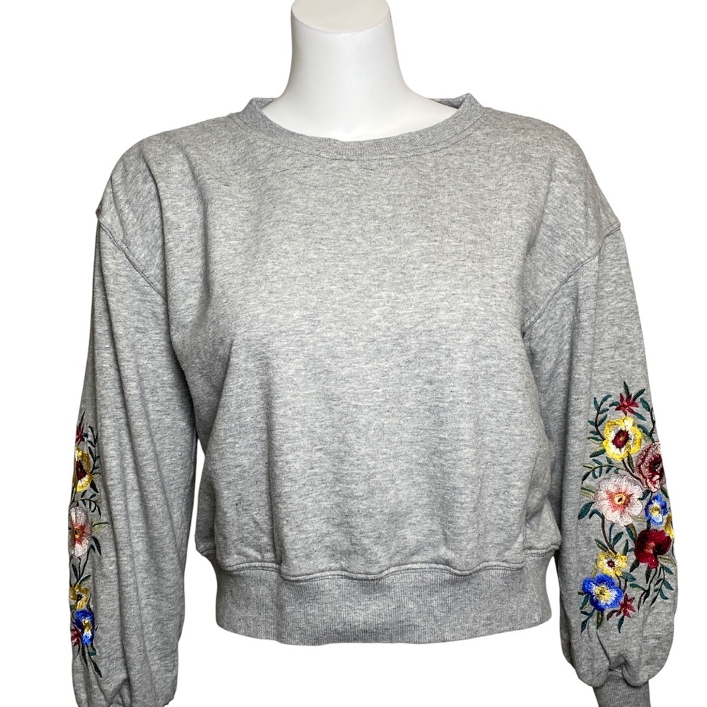 For the Republic Crop Sweatshirt Womens Size S Embroidered Floral Sleeves